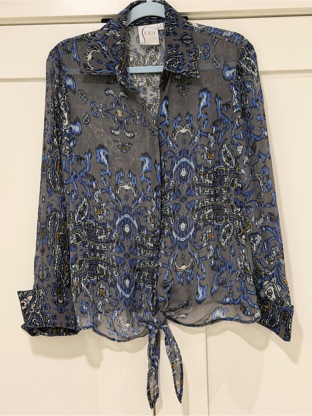 Finley Sheer Paisley Tie Front Blouse Blue Gray Size Small Made in USA